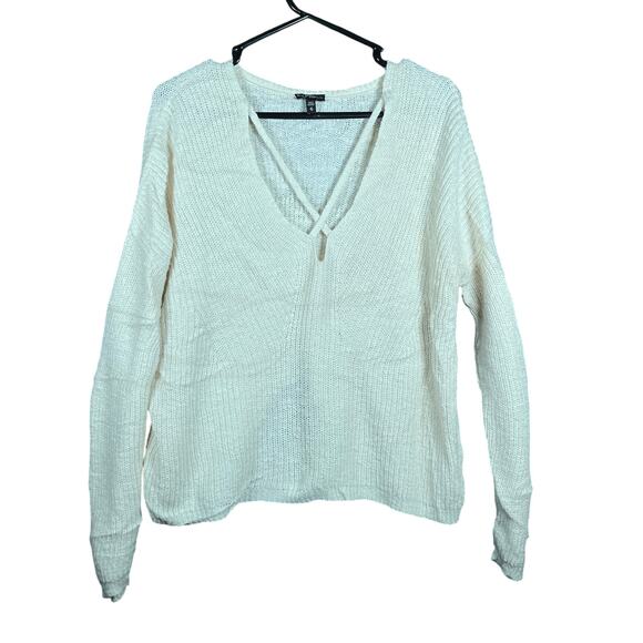 Express Womens Sweater Cream V Neck Criss Cross Slit Back Knit Cotton Blend M - Picture 1 of 12